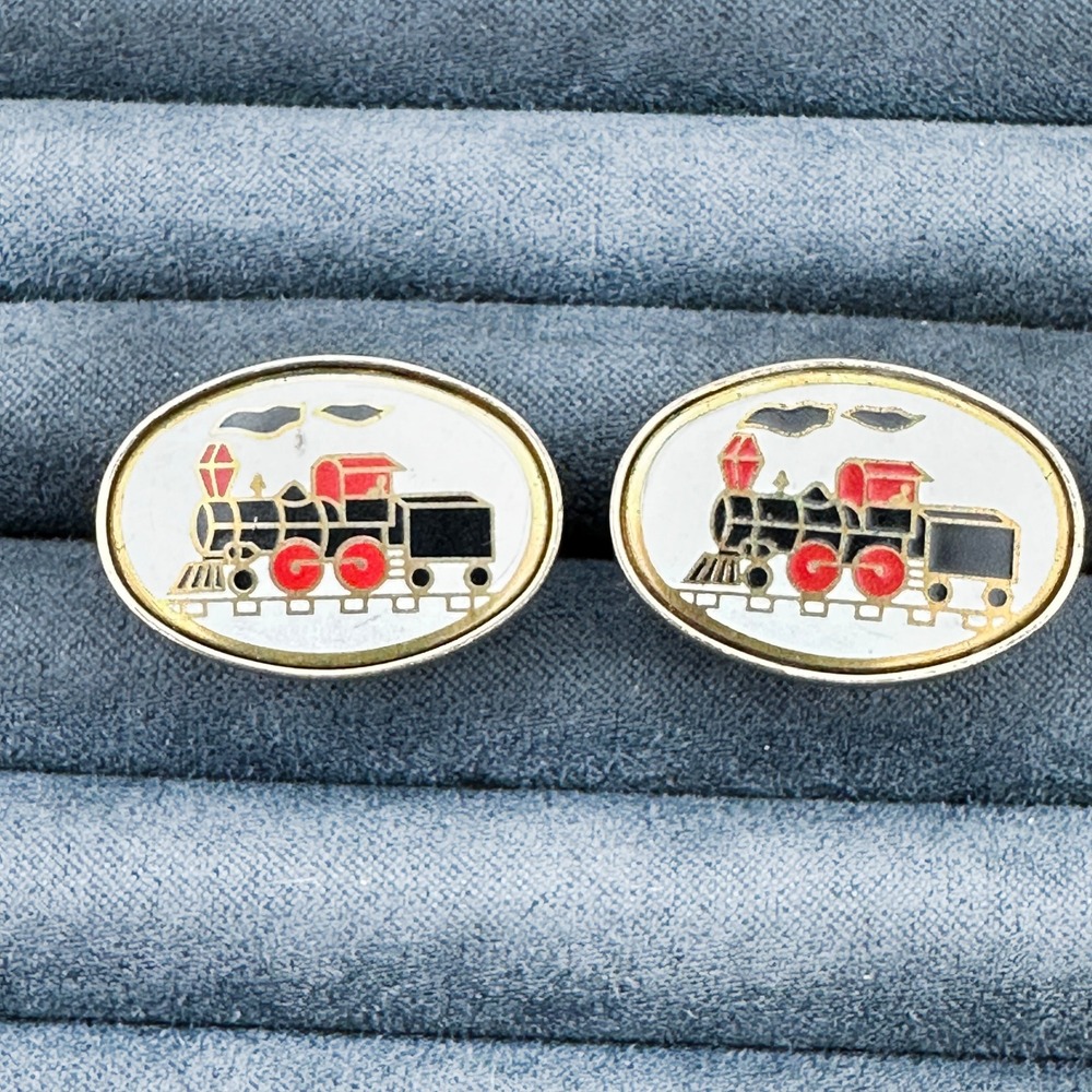 Vintage Gold Tone Enamel Train Locomotive‎ Cufflinks PAT 2472958 Oval